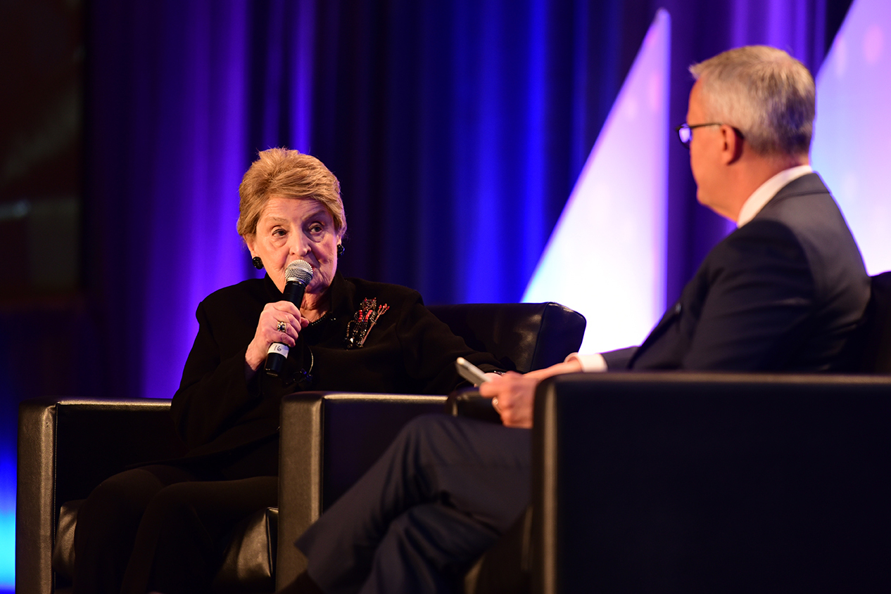 Former Secretary of State Madeleine Albright talks with ASI CEO and President Tim Andrews