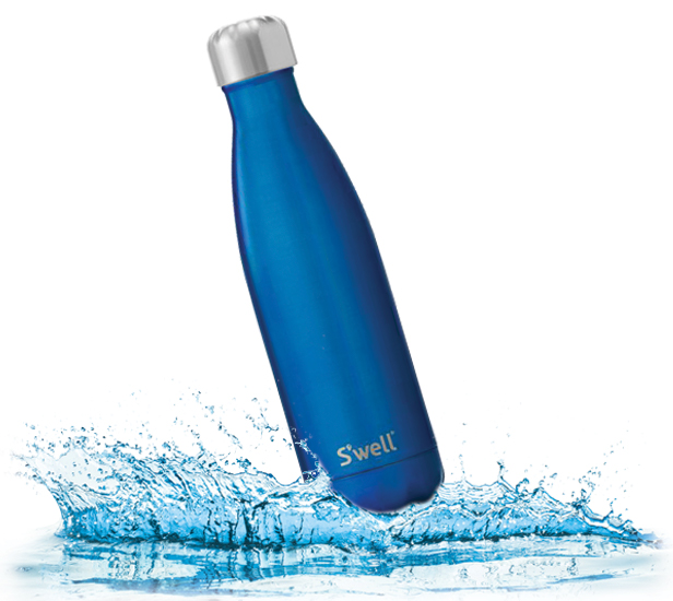 blue S'well water bottle in water splash