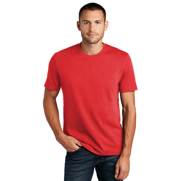 Man wearing Ruby red Sanmar t-shirt