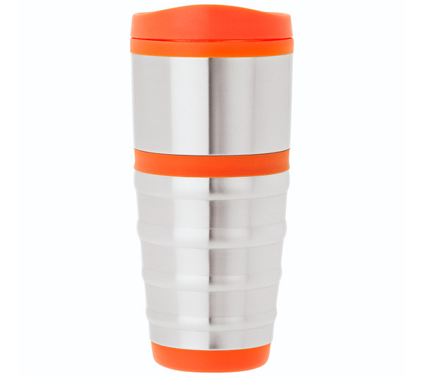 Stainless steel mug with orange trim.