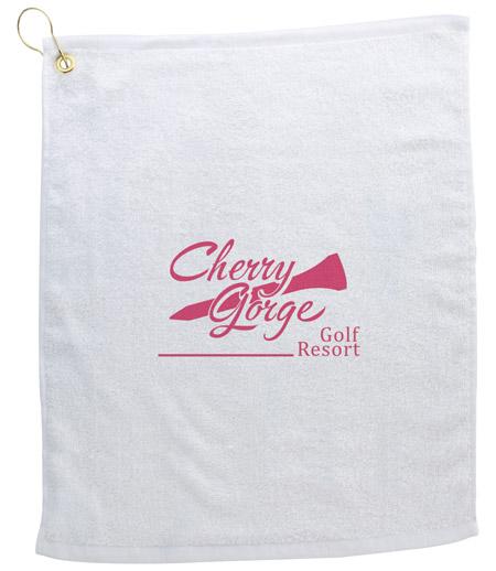 White golf towel with logo in center