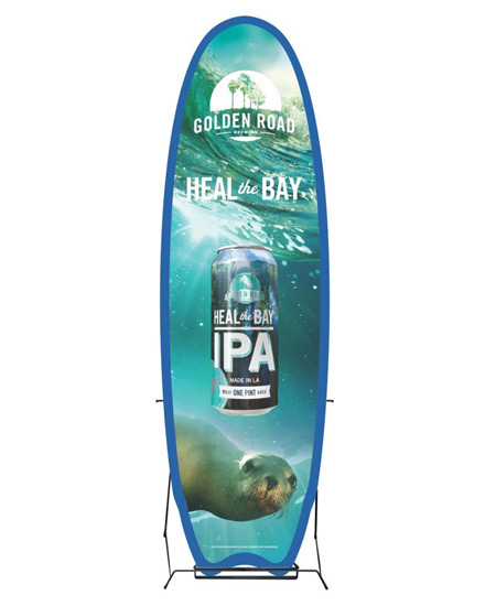 Surfboard on stand with seal and beer can design