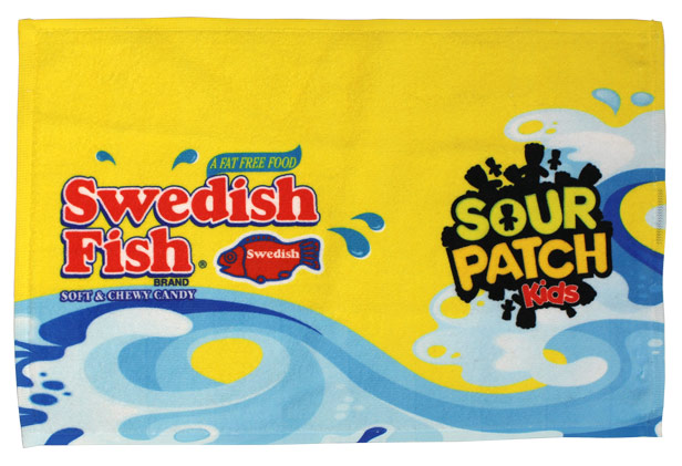 Microfiber sublimated towel with Swedish Fish logo