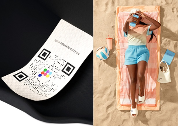 QR apparel code and woman lying on beach with phone