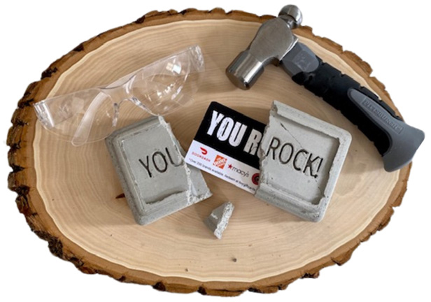 smash rock with hammer, wood and gift card