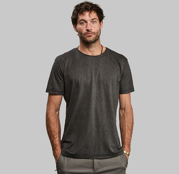 Man wearing olive colored t-shirt