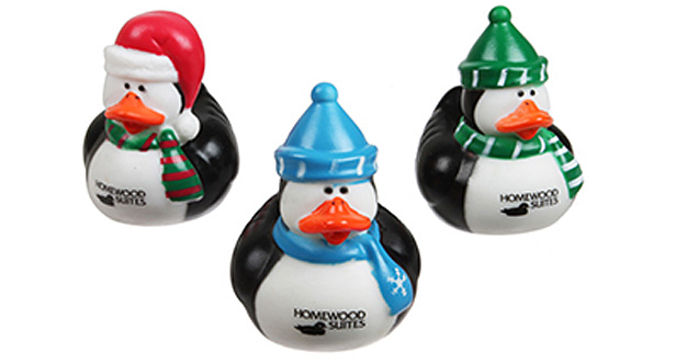 floating penguins wearing winter hats