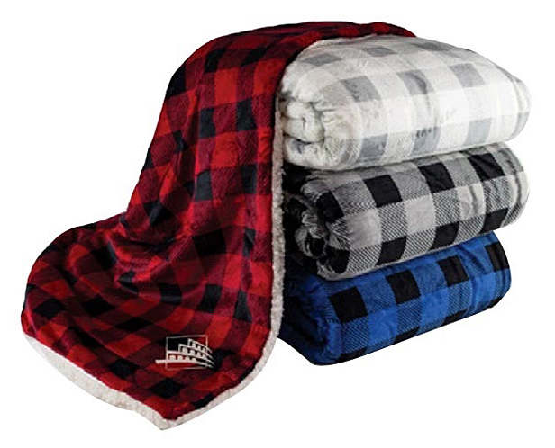 plaid blankets, red, black, blue & white