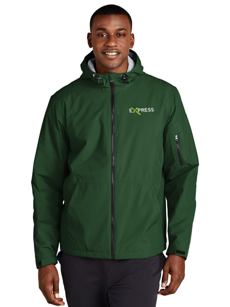 man wearing dark green waterproof jacket