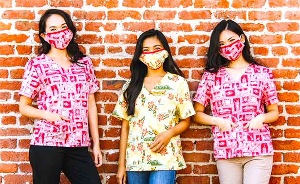 women wearing Hawaiian-printed face masks