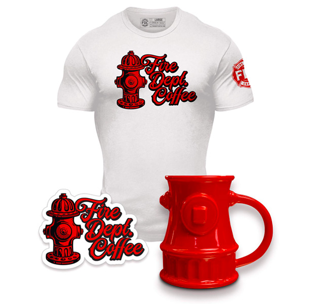Fire Department coffee-branded shirt, mug and sticker