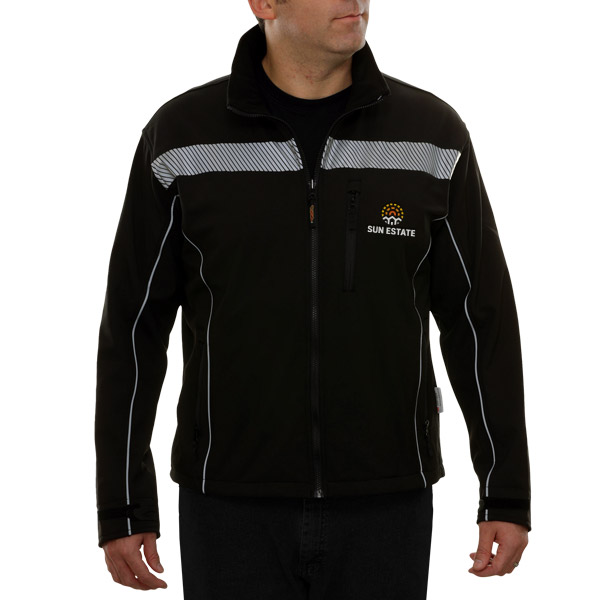 black warm up jacket with reflective stripes