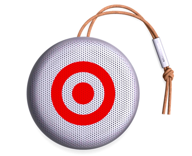 round portable speaker with red target logo