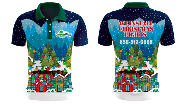 Christmas-themed polo shirt, front and back