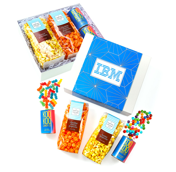 snack gift set in box showing candy and popcorn