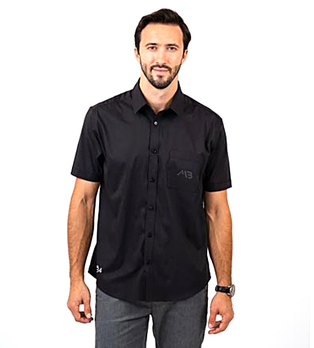 dark-haired man wearing black short sleeve button down shirt