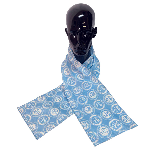 mannequin head wearing blue logoed scarf