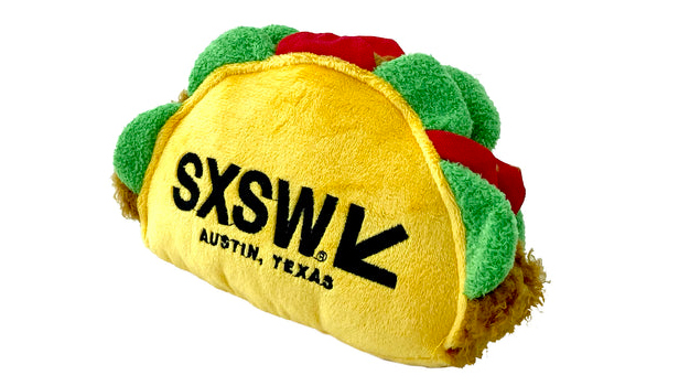 SXSW plush dog toy shaped like a taco