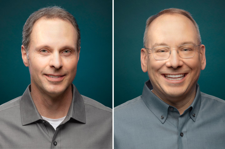 two men smiling, side by side headshots