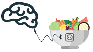 illustration of bowl of veggies plugged into a brain