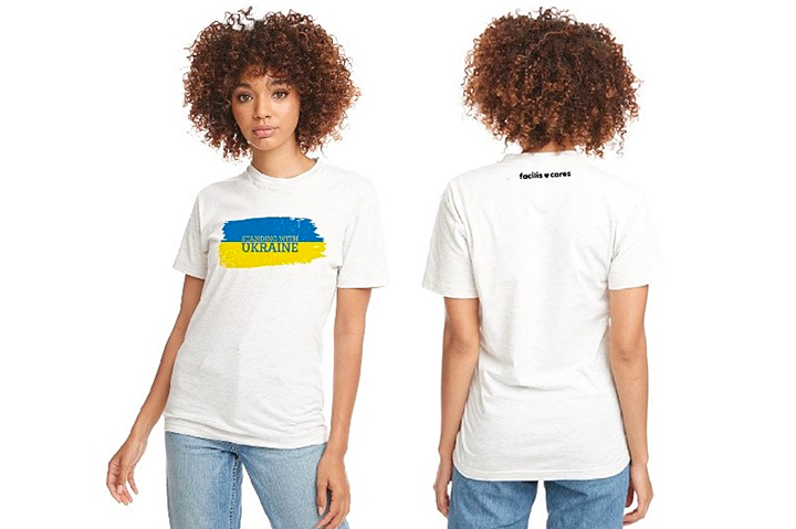 woman wearing Ukraine t-shirt, front and back views