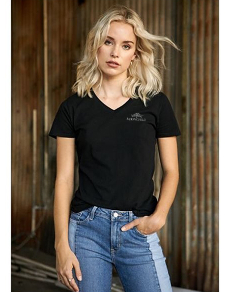 blond woman wearing black v-neck tee and jeans