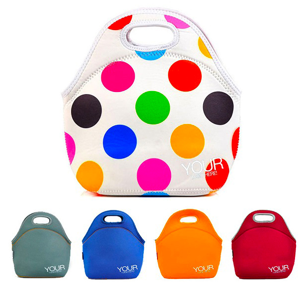 neoprene lunch bags, assorted colors, one polka-dot