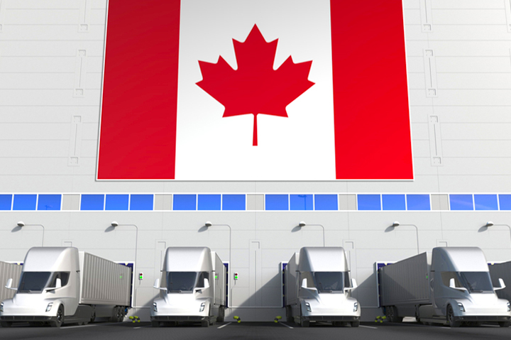 Canadian flag on wall above line of trucks