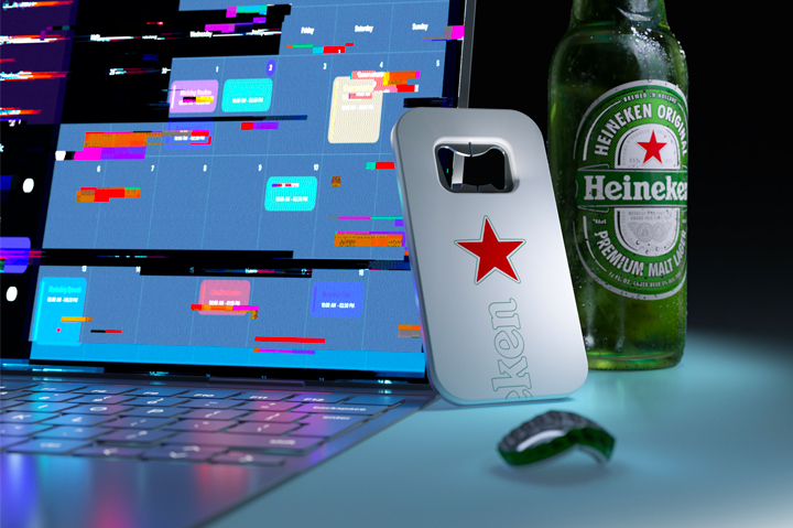 Heinekin beer bottle and branded opener