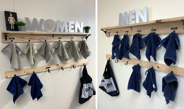 women's and men's towels on hooks