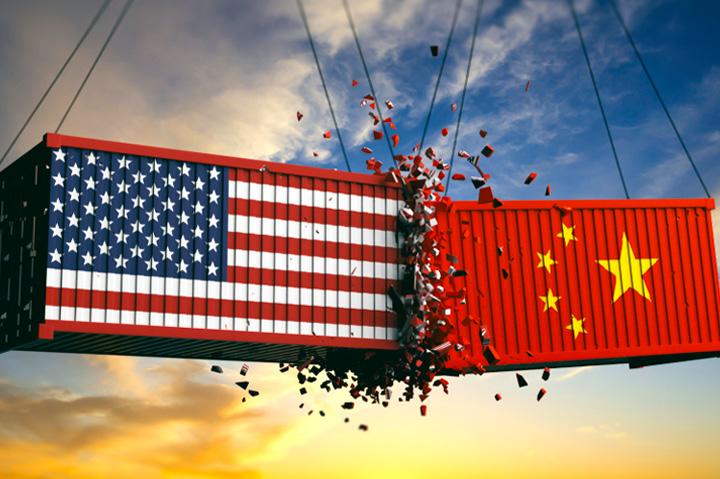 USA & China trade war, shipping containers crashing into each other