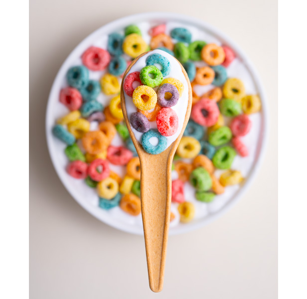 bowl of fruity loop cereal with edible spoon