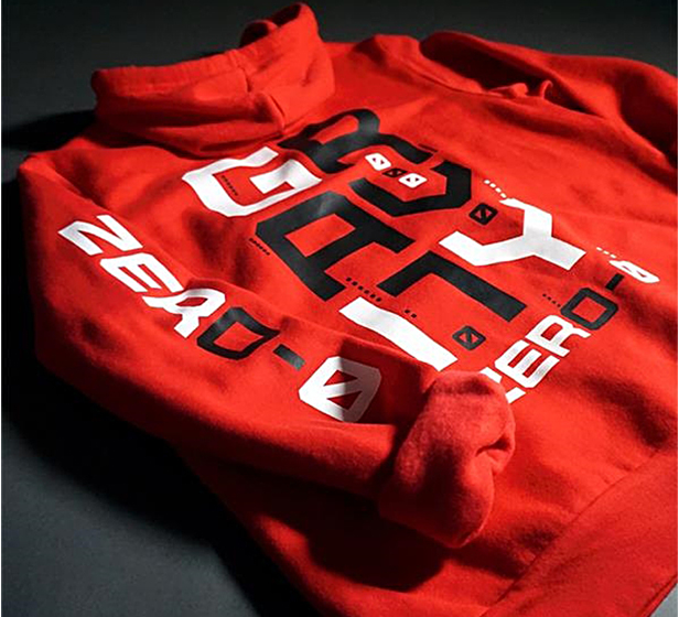 screen printed heat transfer on red sweatshirt