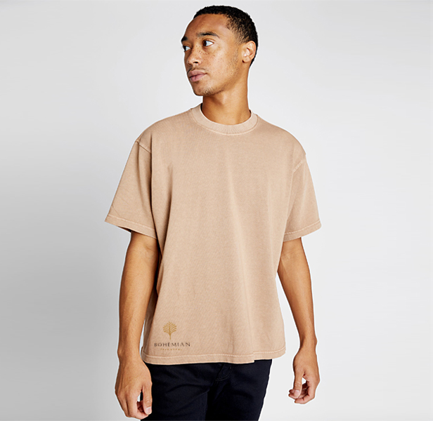 young man modeling taupe heavy t-shirt