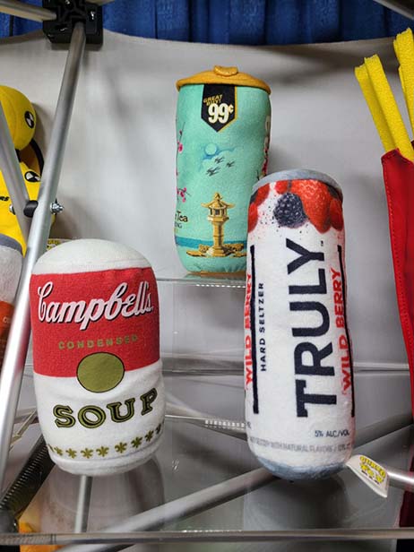 Curto Toy Mfg. Co. showed off custom dog toys shaped like soup and beverage cans.