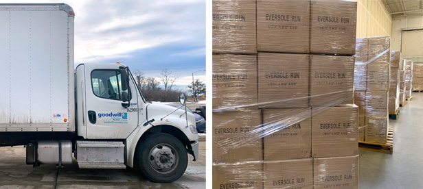 goodwill truck and donation boxes in warehouse