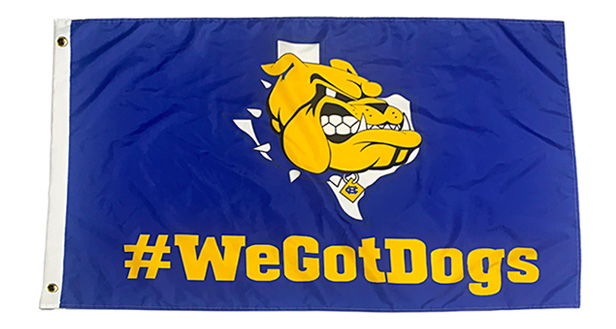 blue flag with yellow bulldog