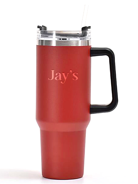 red tumbler with black handle