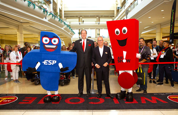 ESP+ mascot, two men in middle and Promo mascot