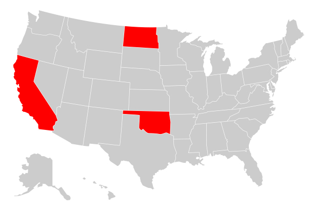 US map with CA, OK and ND highlighted in red