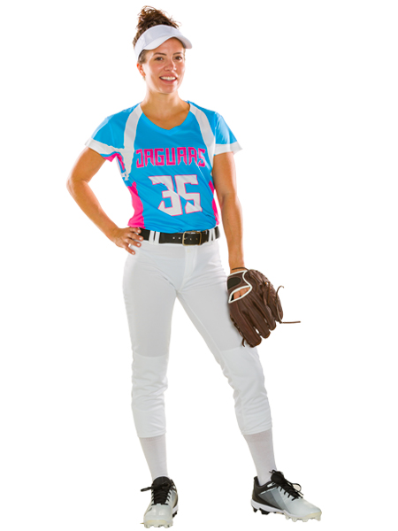 young woman wearing baseball uniform, holding baseball glove