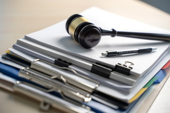 lawsuit documents, gavel, pen