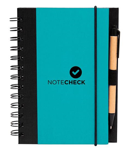 spiral notebook with pen, teal & black