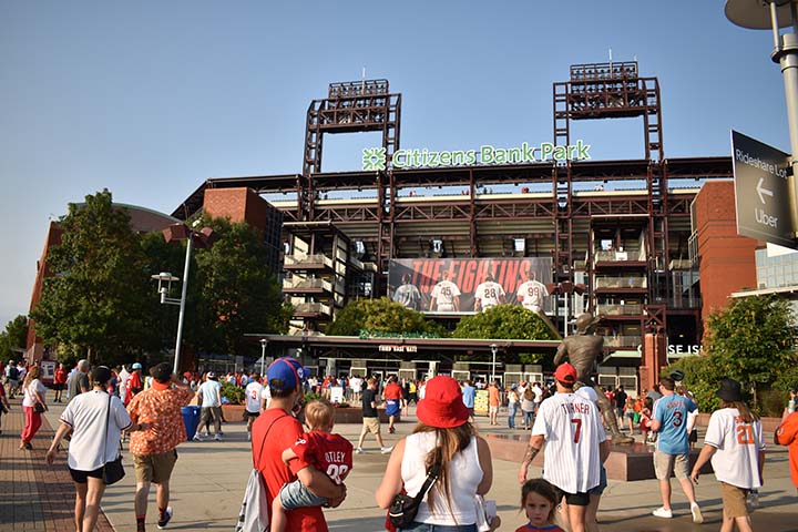 Fans enter Citizens Bank Park before the game starts