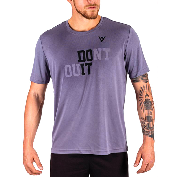 man wearing purple tee with water-activated ink