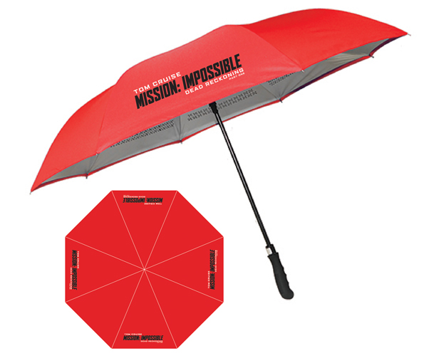 red umbrella branded with Tom Cruise Mission Impossible