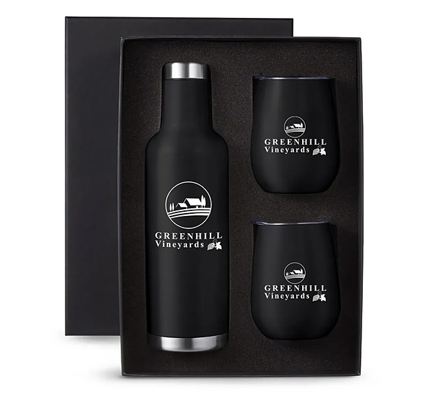 vacuum-insulated wine bottle and two 10-ounce matching tumblers