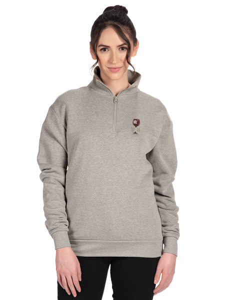 woman wearing gray unisex 1/4 zip pullover