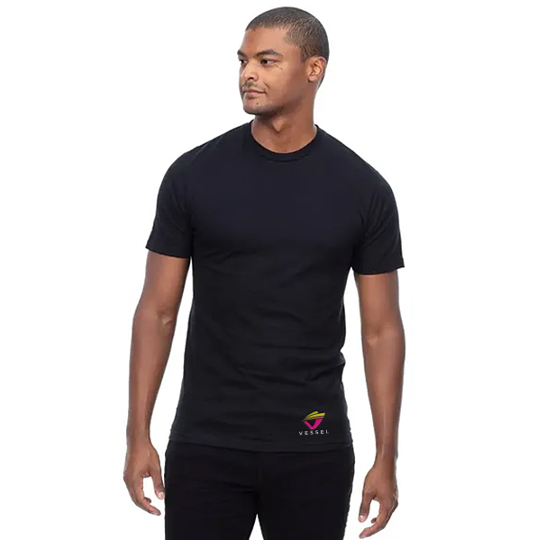 male model wearing black unisex t-shirt