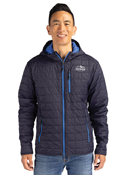 man wearing navy full-zip puffer jacket